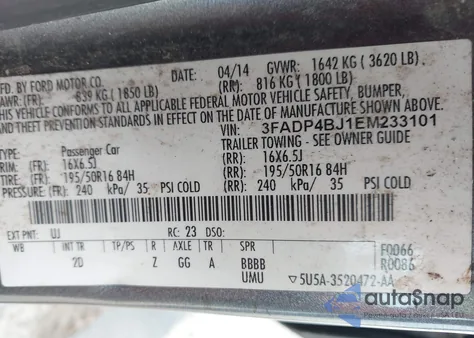 2014 Ford Fiesta Se из США, поврежденный, VIN 3FADP4BJ1EM233101